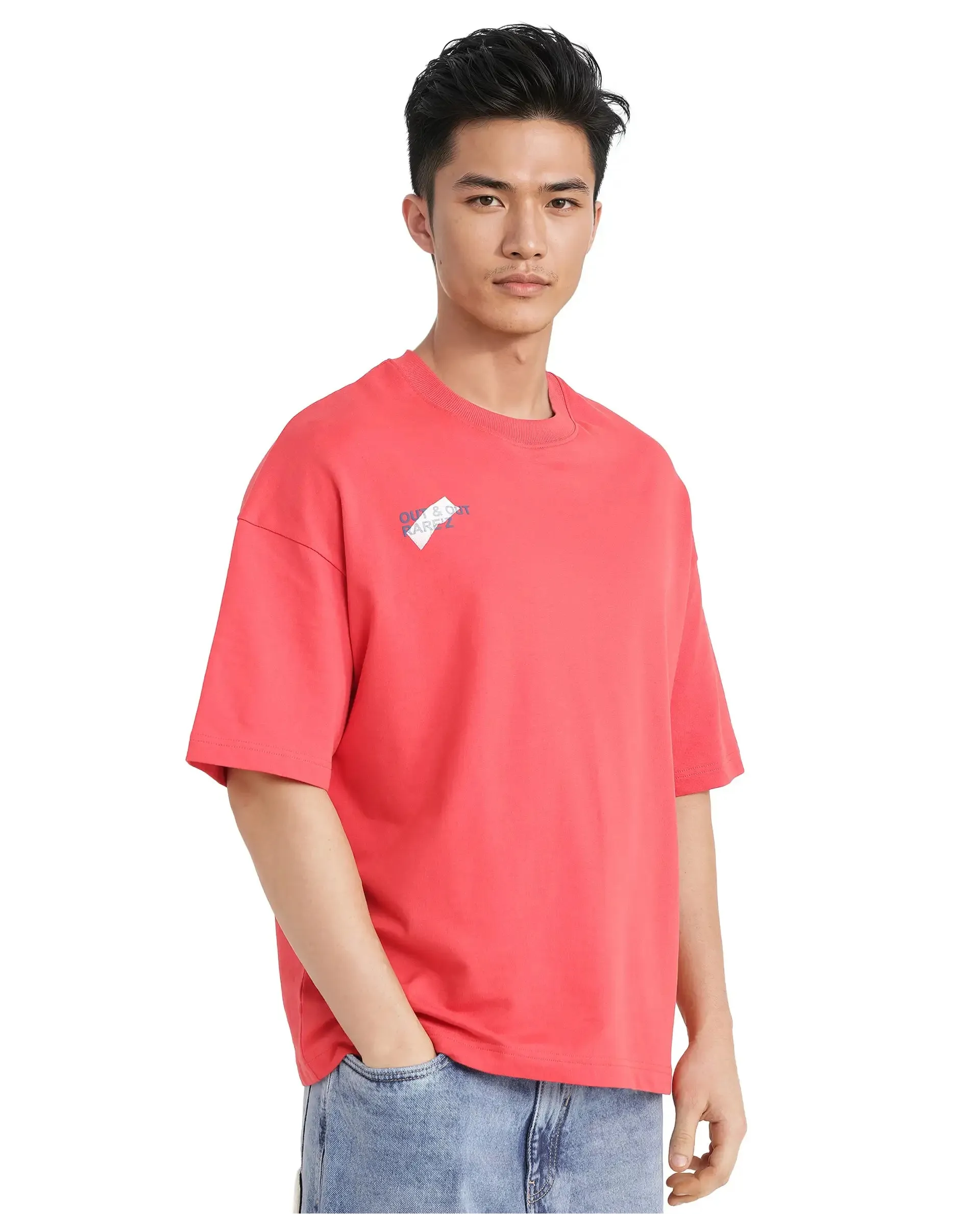 Rare Rabbit Men Klas Red Cotton Fabric Short Sleeve Crew Neck Oversized Fit All Over Placement Backprint T-Shirt