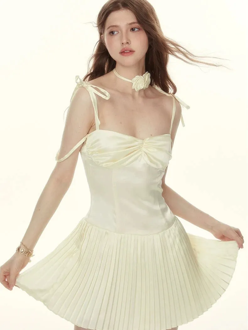 Ruched Pleated Mini Dress with String Straps