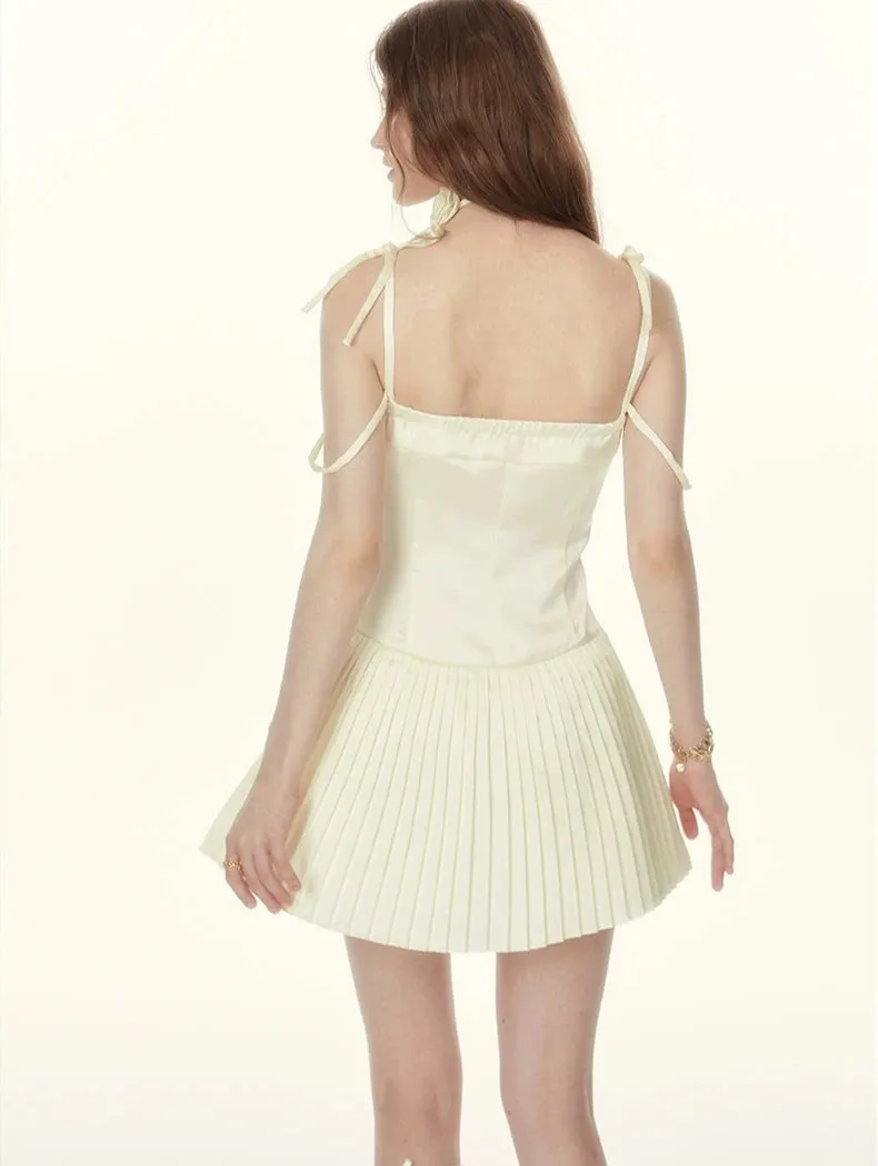 Ruched Pleated Mini Dress with String Straps