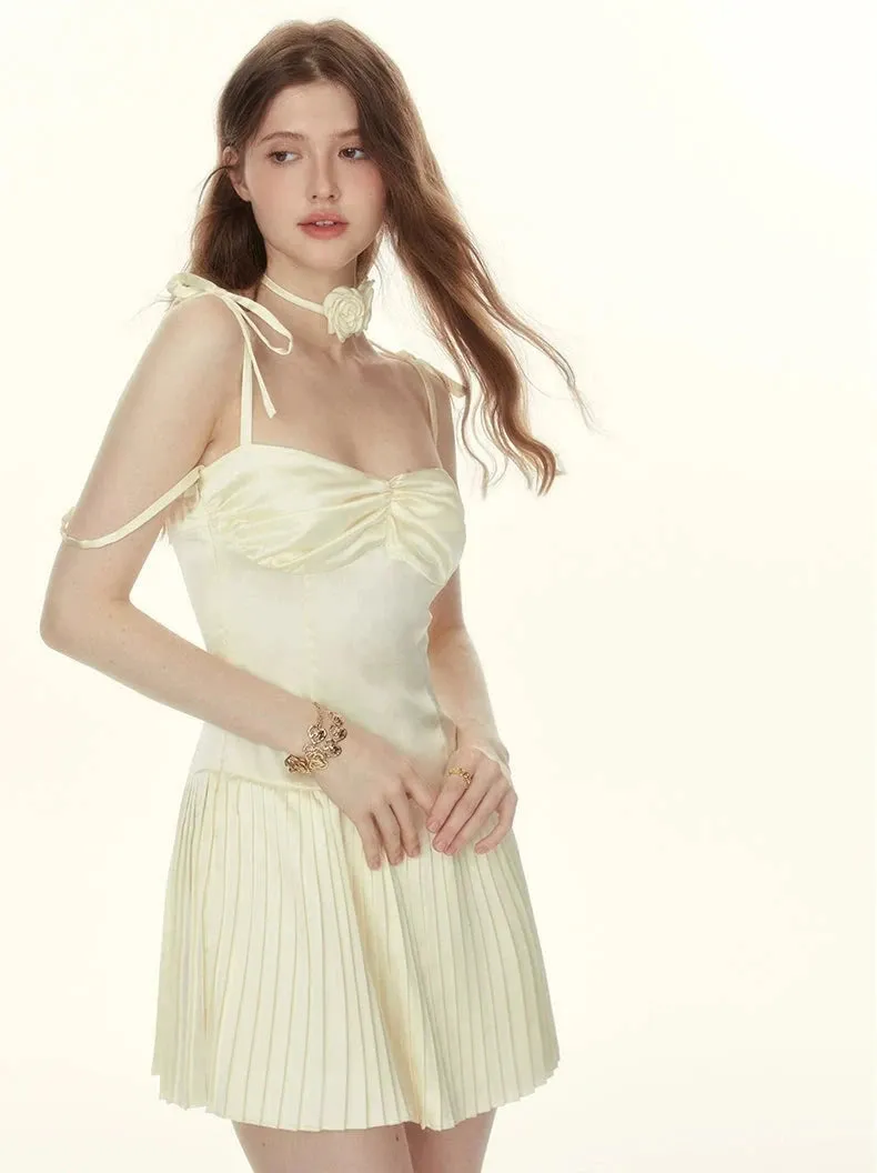 Ruched Pleated Mini Dress with String Straps