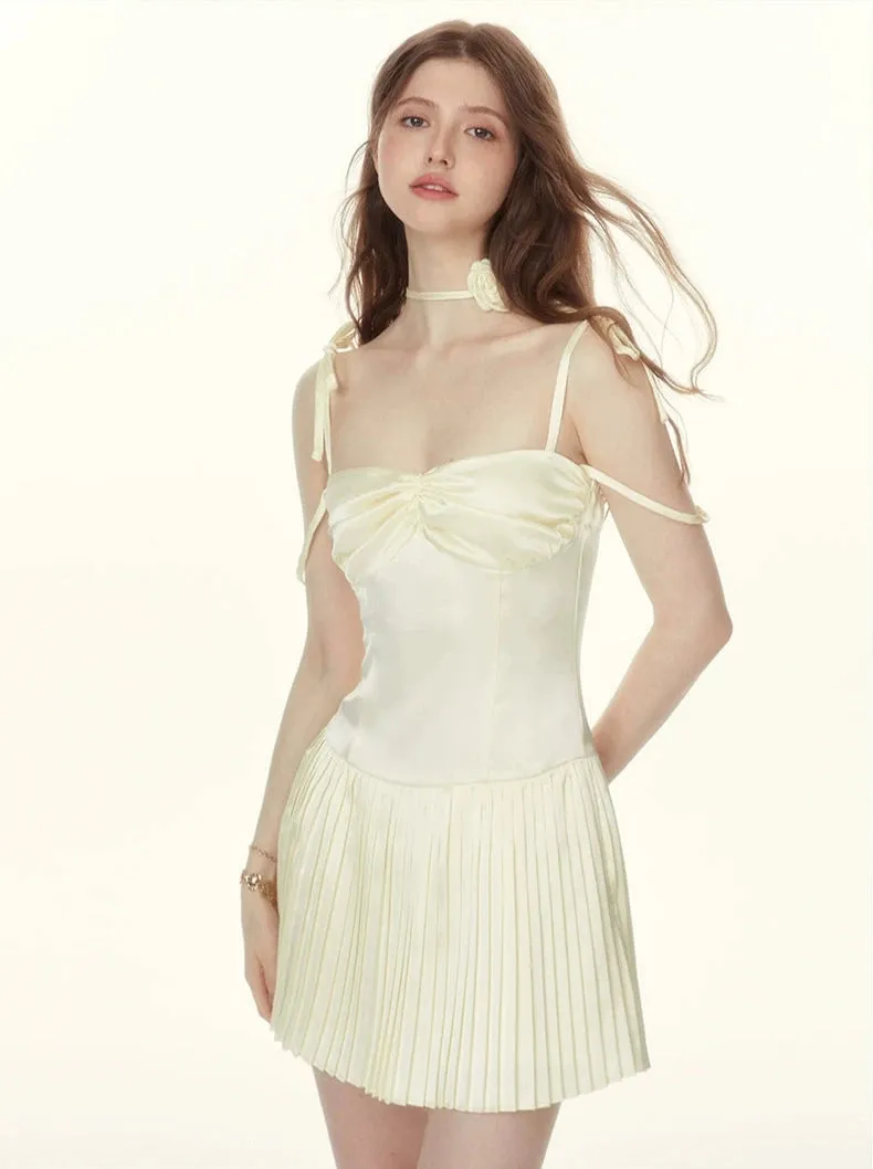 Ruched Pleated Mini Dress with String Straps