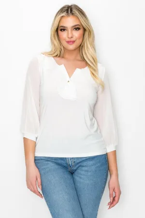 Ruffle Front V Neck Button Up Blouse