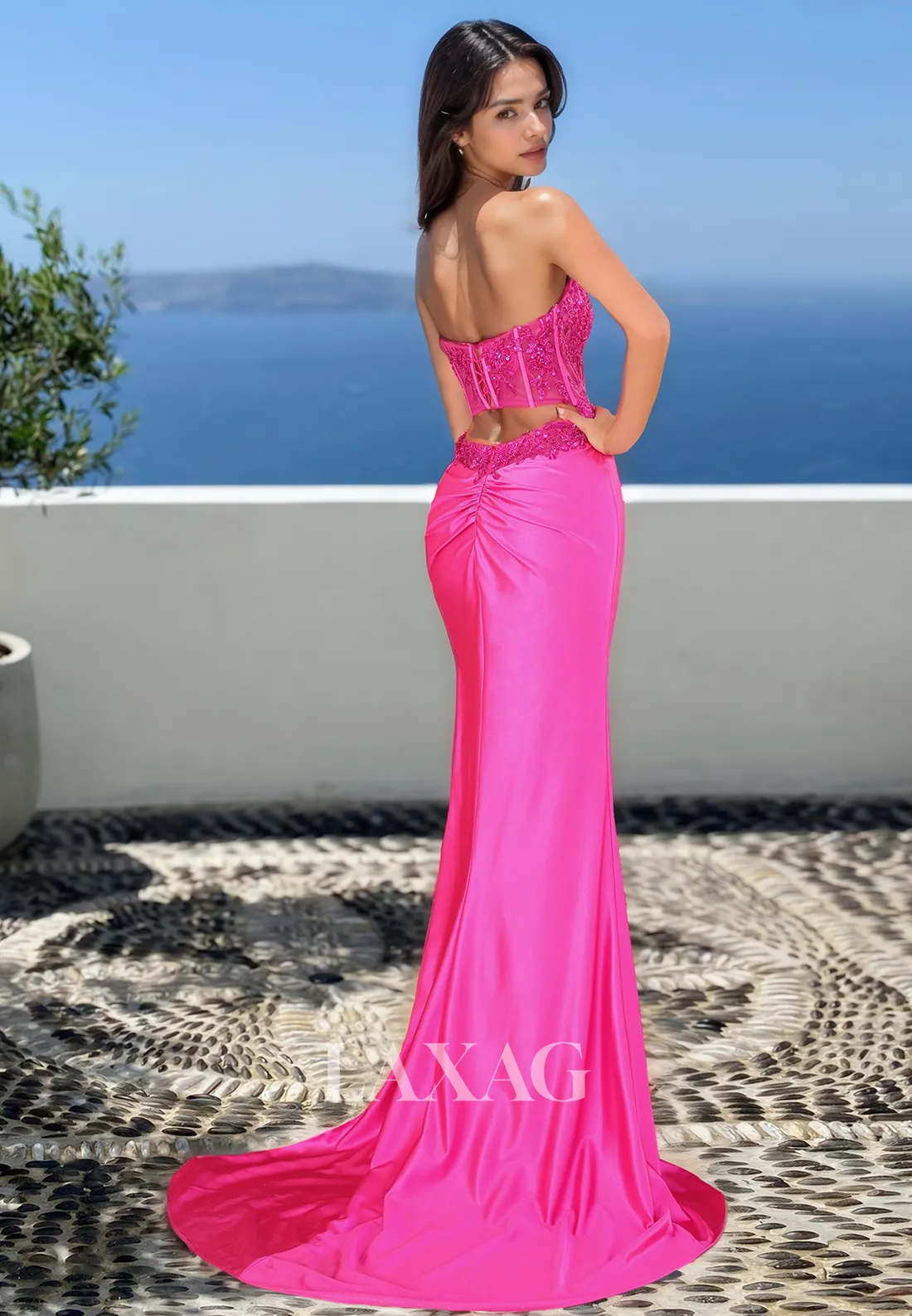 Scoop-Neck Off-Shoulder Sleeveless Satin Mermaid Prom Dress Beaded Sequined Applique Evening Dress