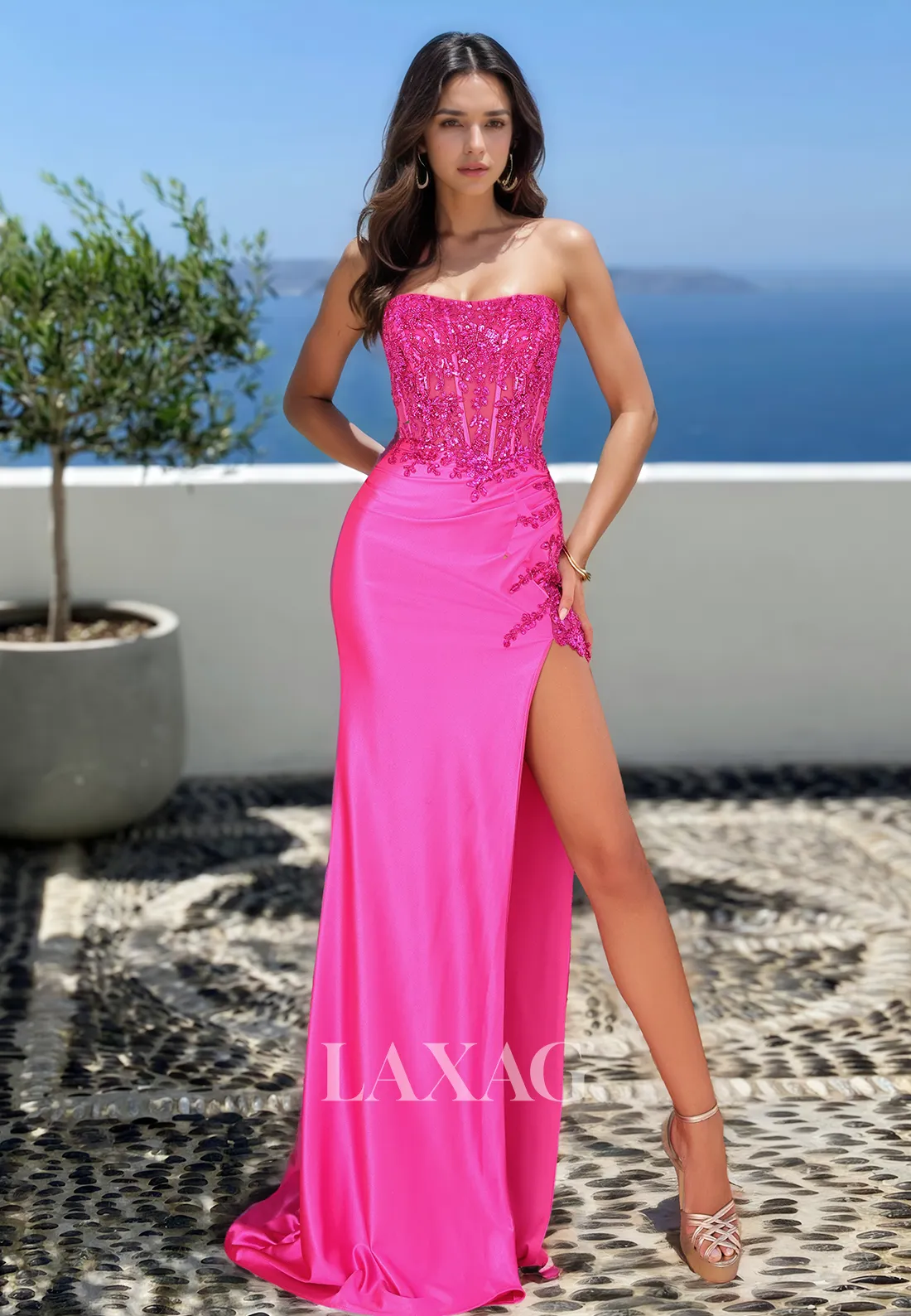 Scoop-Neck Off-Shoulder Sleeveless Satin Mermaid Prom Dress Beaded Sequined Applique Evening Dress