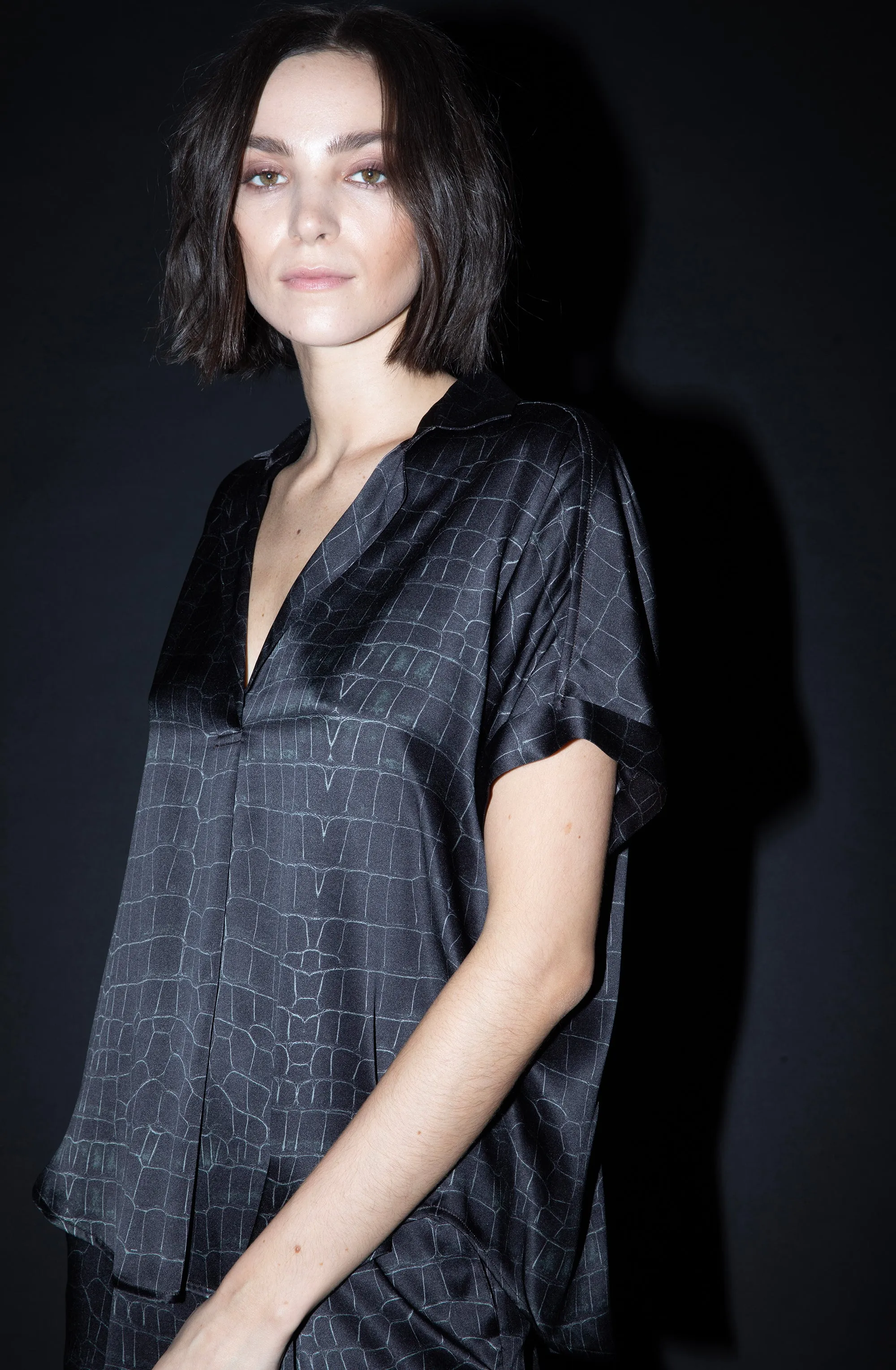 Short Sleeve Blouse   Black Croc