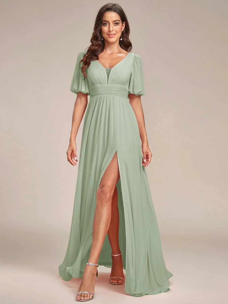 Short Sleeve V-Neck Front Slit Chiffon Evening Dress
