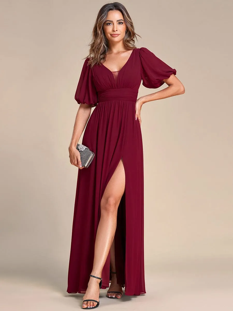 Short Sleeve V-Neck Front Slit Chiffon Evening Dress