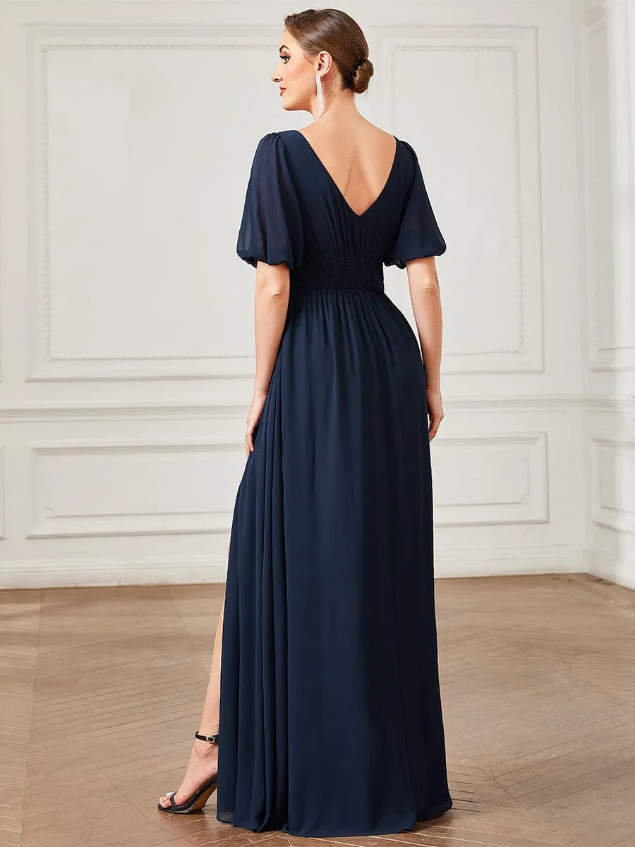 Short Sleeve V-Neck Front Slit Chiffon Evening Dress