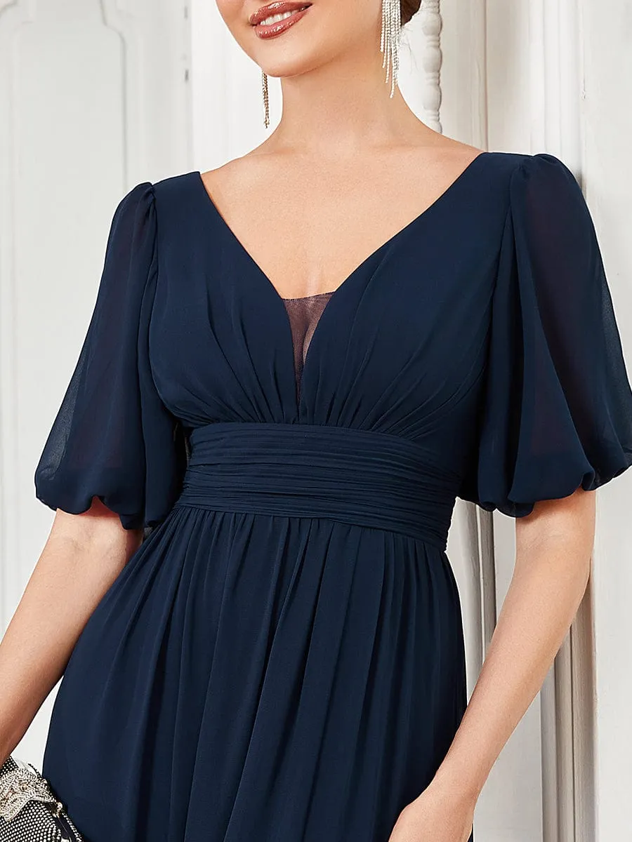 Short Sleeve V-Neck Front Slit Chiffon Evening Dress