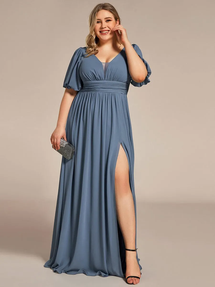 Short Sleeve V-Neck Front Slit Chiffon Evening Dress
