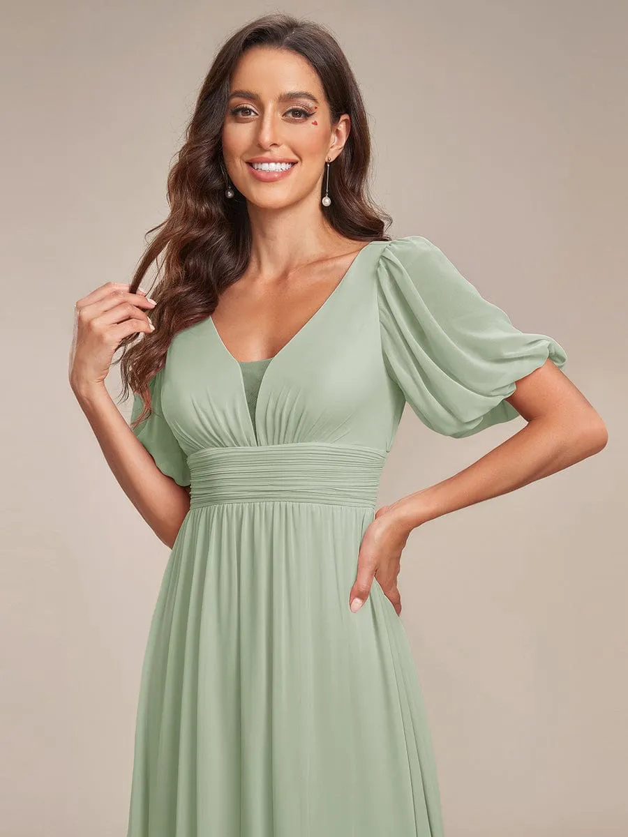 Short Sleeve V-Neck Front Slit Chiffon Evening Dress