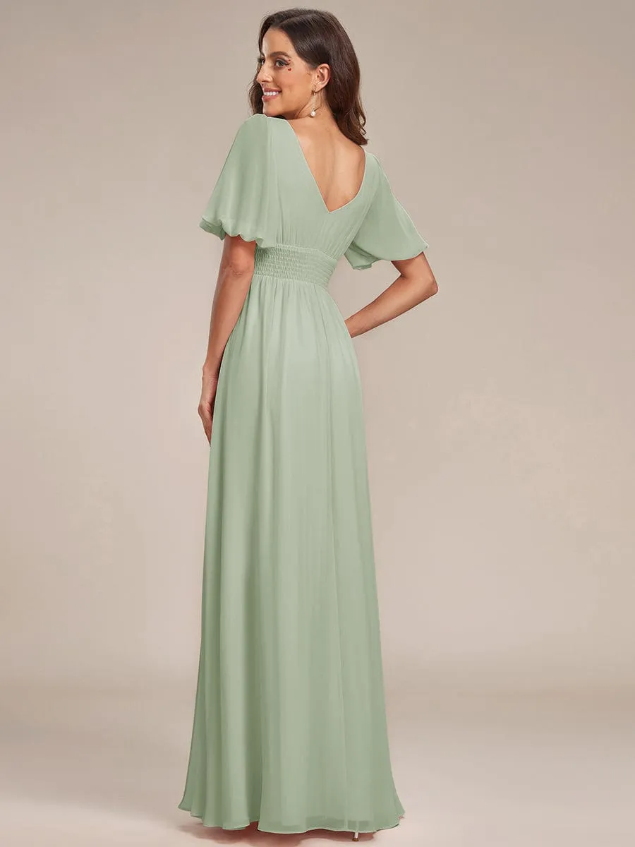 Short Sleeve V-Neck Front Slit Chiffon Evening Dress