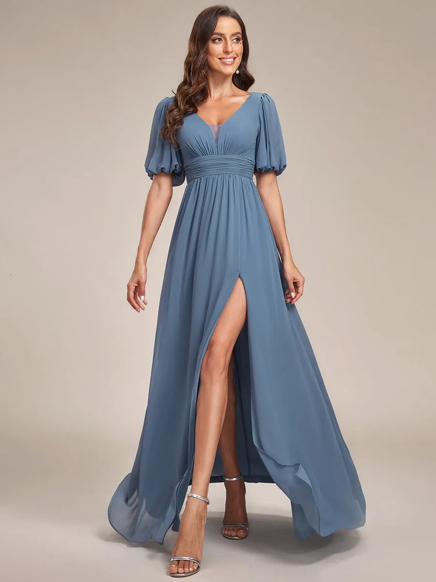 Short Sleeve V-Neck Front Slit Chiffon Evening Dress