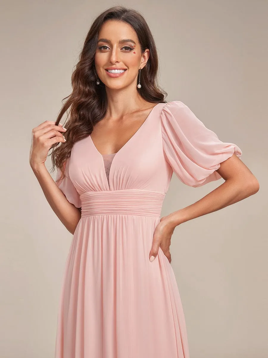 Short Sleeve V-Neck Front Slit Chiffon Evening Dress