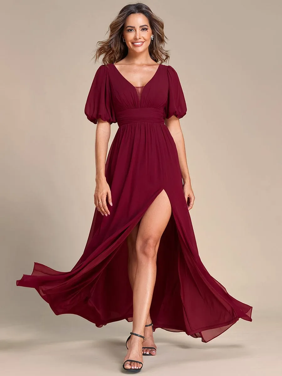 Short Sleeve V-Neck Front Slit Chiffon Evening Dress