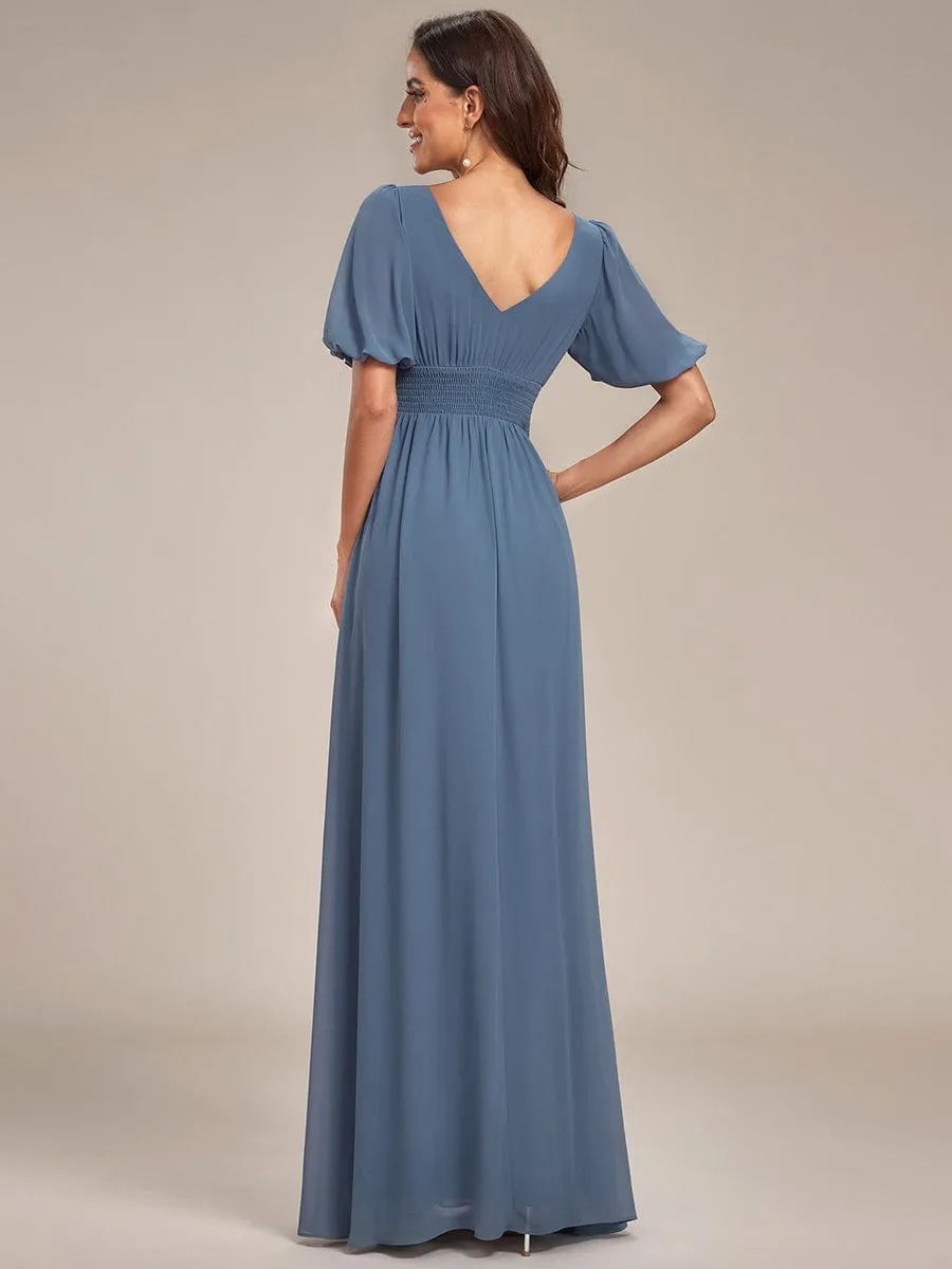 Short Sleeve V-Neck Front Slit Chiffon Evening Dress