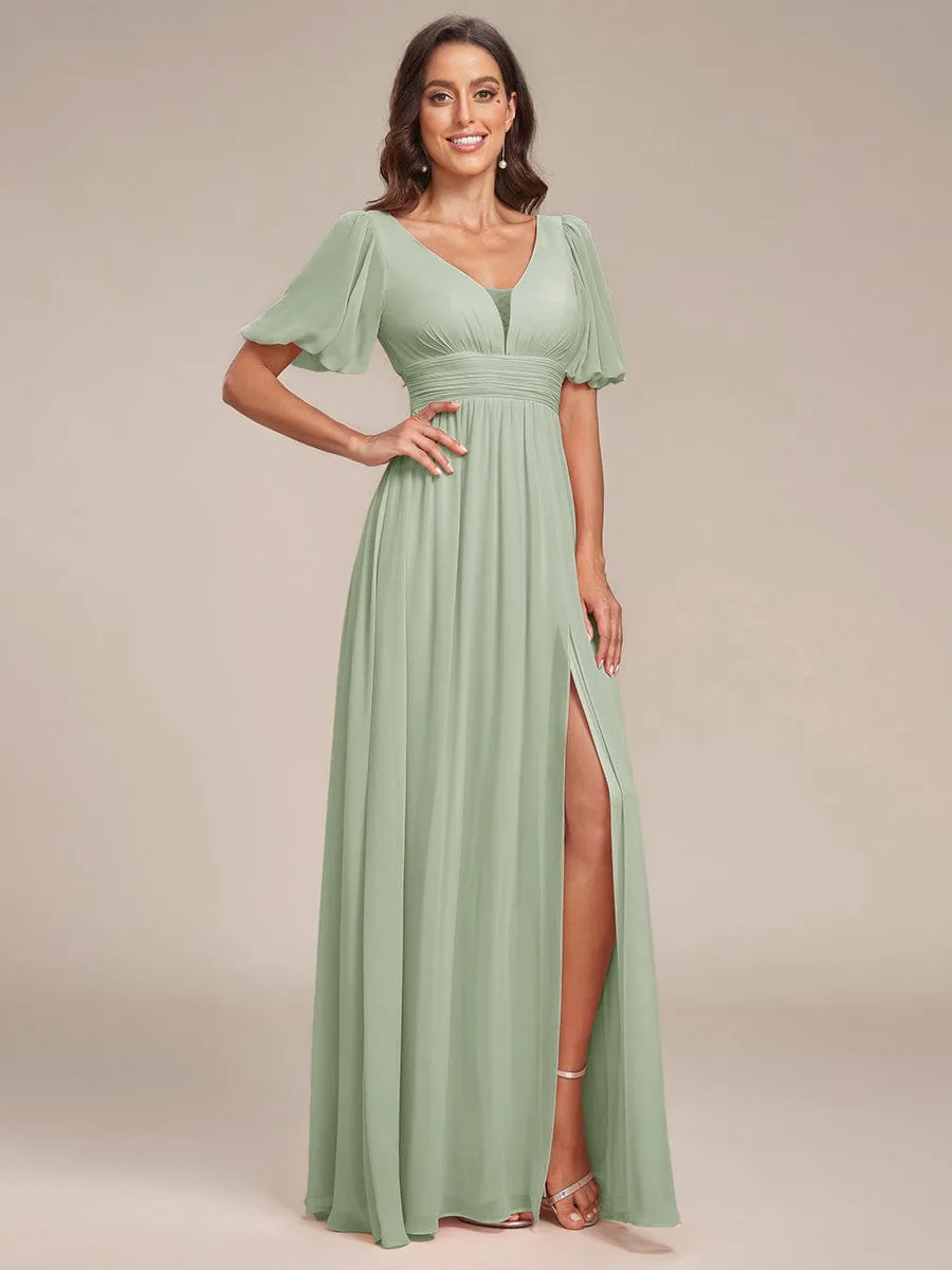 Short Sleeve V-Neck Front Slit Chiffon Evening Dress