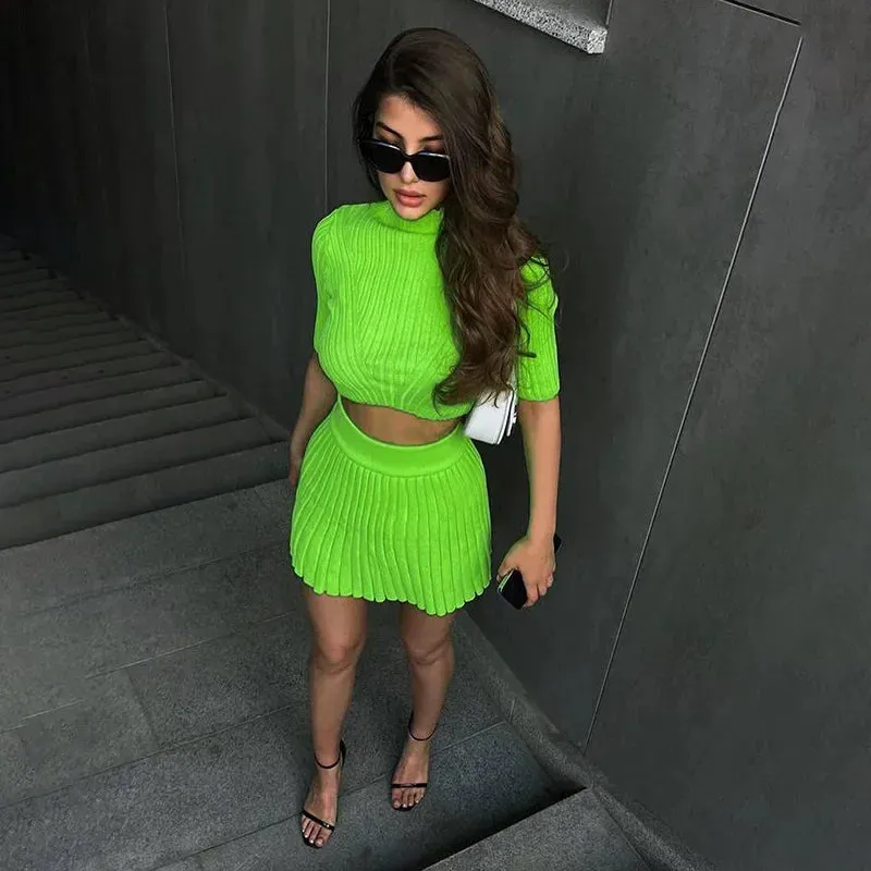 Solid Casual Short Sleeve Mini Skirt