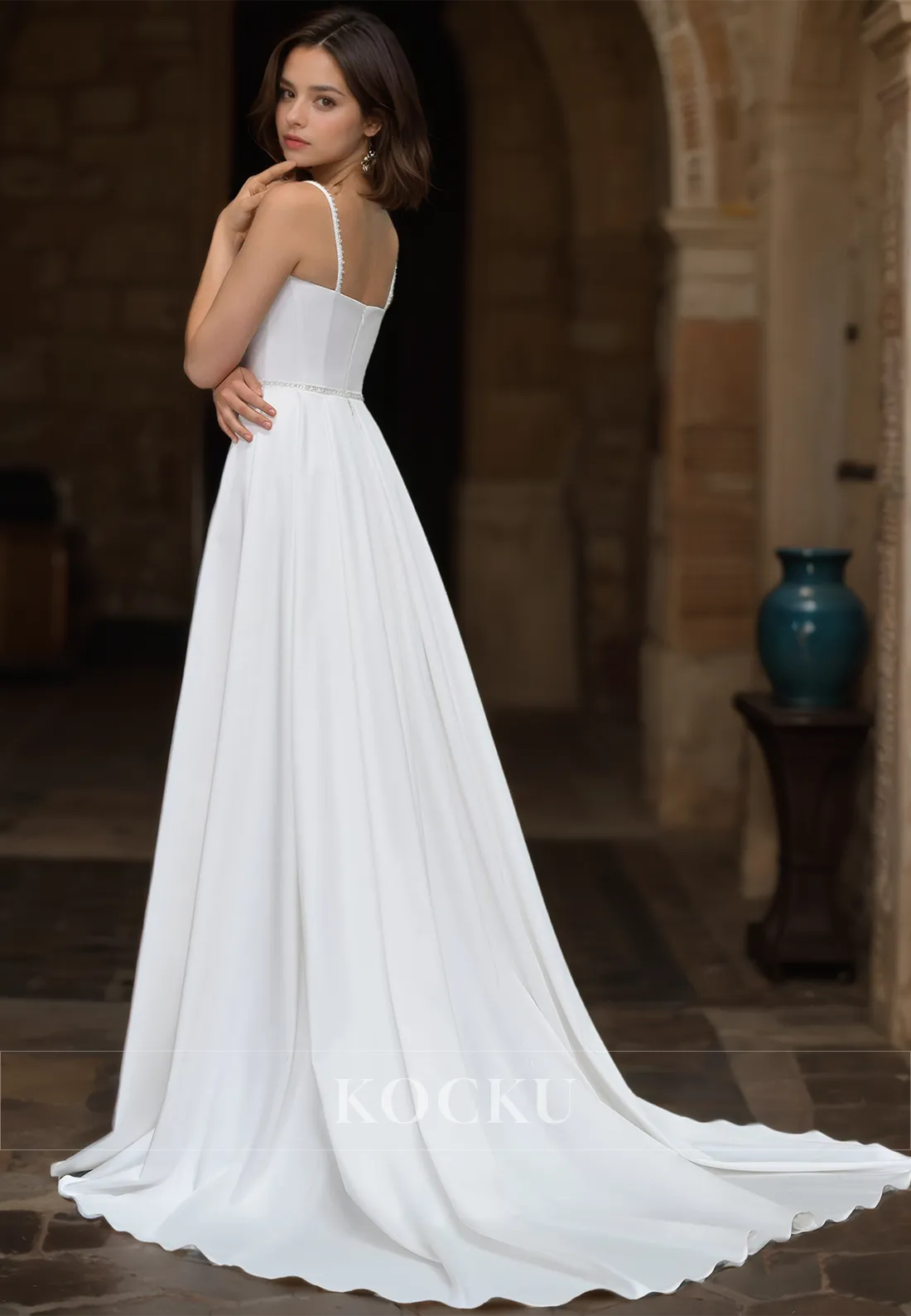 Spaghetti Straps Sweetheart Sheath Wedding Dress High Slit Train Satin Bridal Gowns with Beads