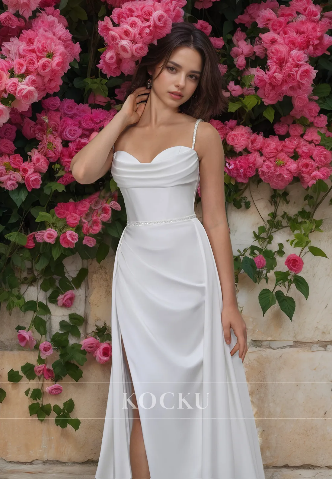 Spaghetti Straps Sweetheart Sheath Wedding Dress High Slit Train Satin Bridal Gowns with Beads