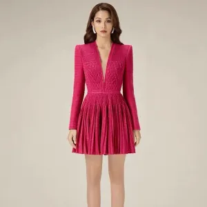 Special-interest Design Women Long Sleeve Hand-knitted Rope Pleated V-neck Skirt