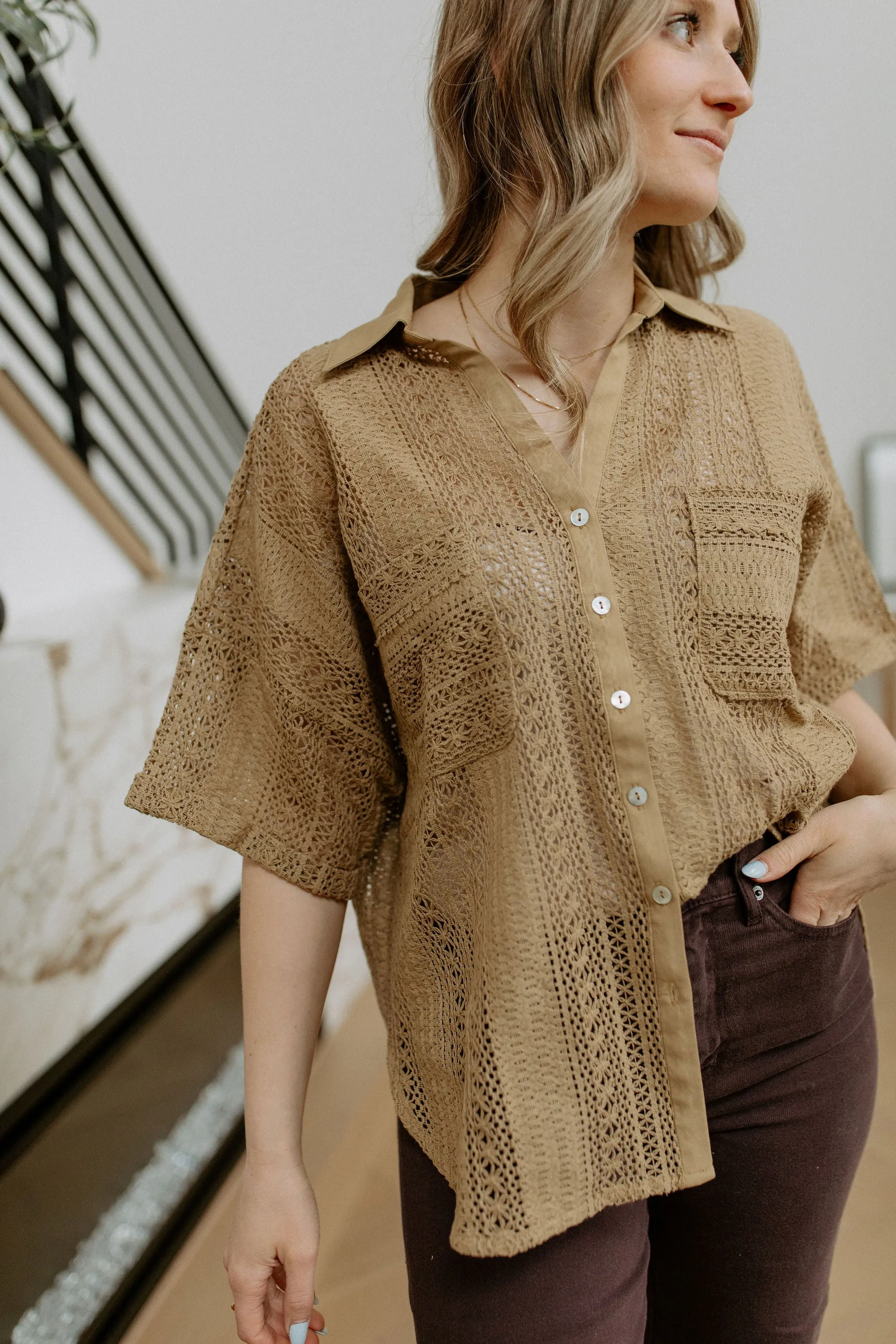 The Cavalleri Short Sleeve Crochet Button Down - Olive Brown