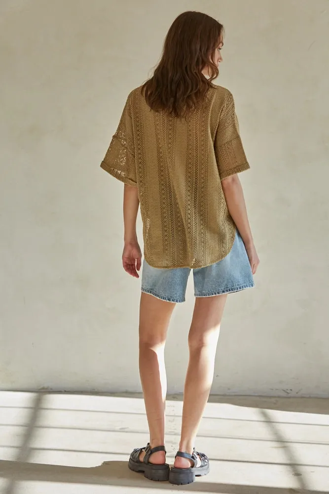 The Cavalleri Short Sleeve Crochet Button Down - Olive Brown