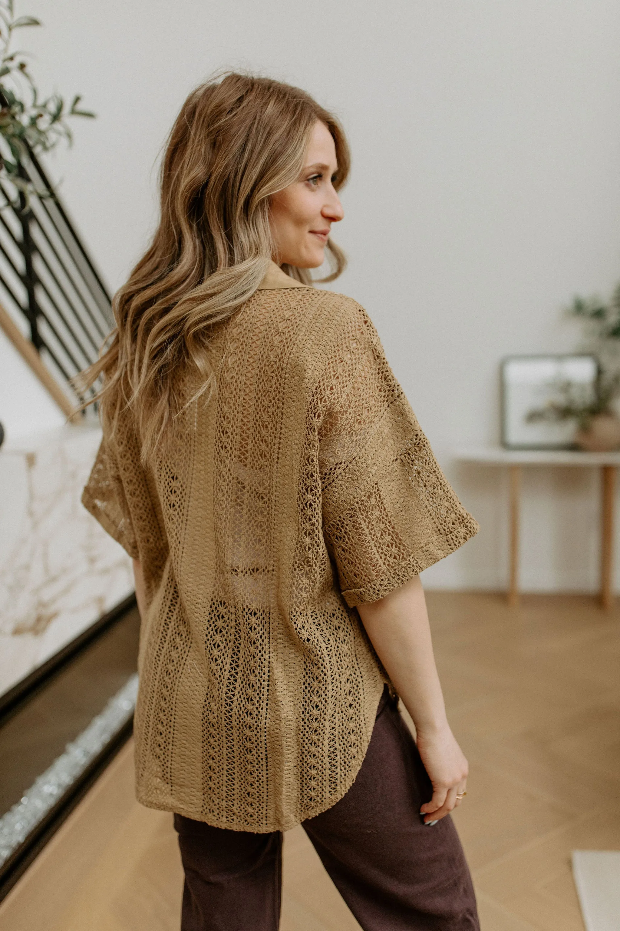 The Cavalleri Short Sleeve Crochet Button Down - Olive Brown