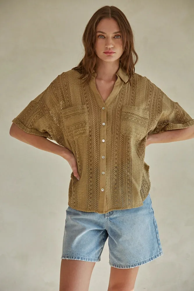 The Cavalleri Short Sleeve Crochet Button Down - Olive Brown