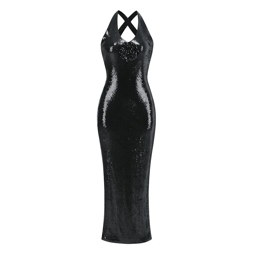 Trend4us Black Sequin Backless Crisscross Plunging Maxi Gown