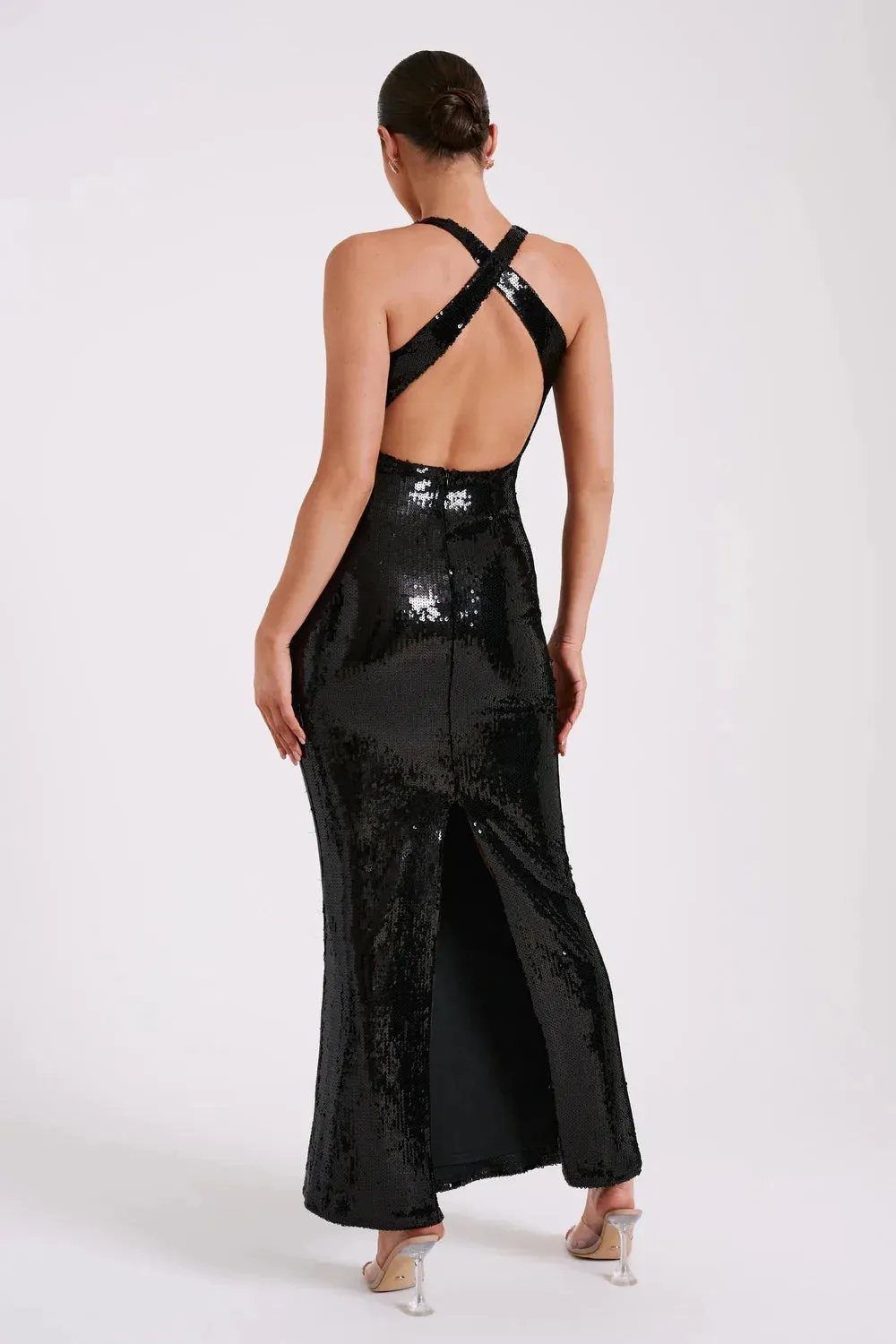 Trend4us Black Sequin Backless Crisscross Plunging Maxi Gown