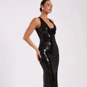 Trend4us Black Sequin Backless Crisscross Plunging Maxi Gown