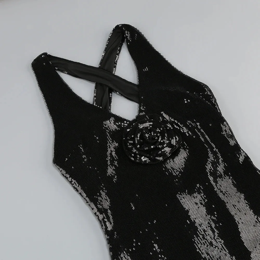 Trend4us Black Sequin Backless Crisscross Plunging Maxi Gown