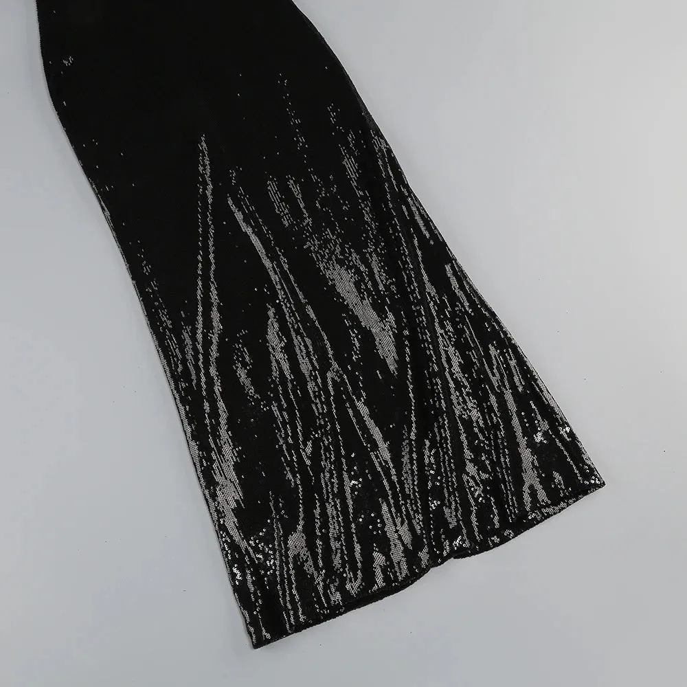 Trend4us Black Sequin Backless Crisscross Plunging Maxi Gown