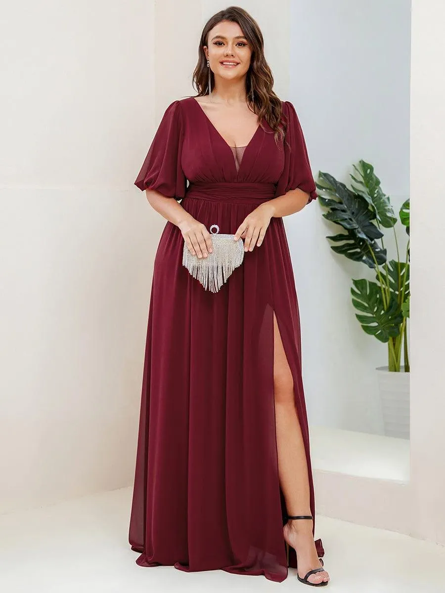 Velma | Plus Size V-Neck Front Slit Chiffon Evening Dress