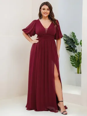 Velma | Plus Size V-Neck Front Slit Chiffon Evening Dress