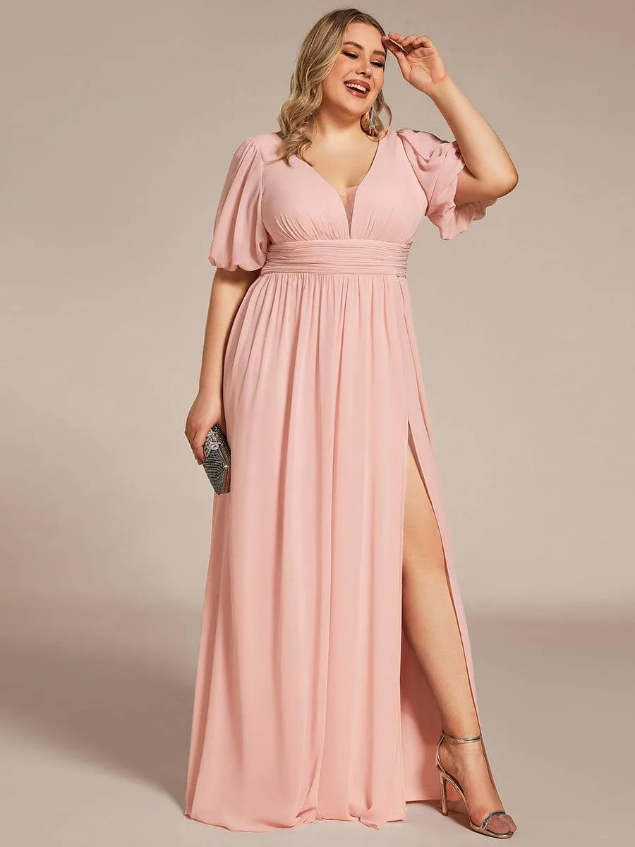 Velma | Plus Size V-Neck Front Slit Chiffon Evening Dress