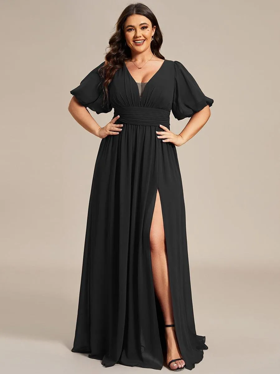 Velma | Plus Size V-Neck Front Slit Chiffon Evening Dress