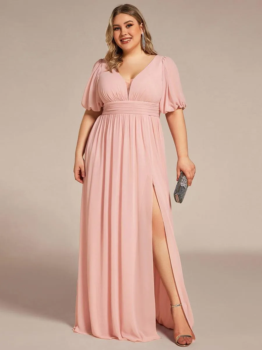 Velma | Plus Size V-Neck Front Slit Chiffon Evening Dress