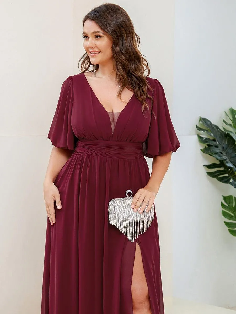 Velma | Plus Size V-Neck Front Slit Chiffon Evening Dress