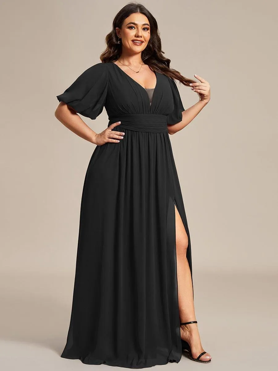 Velma | Plus Size V-Neck Front Slit Chiffon Evening Dress
