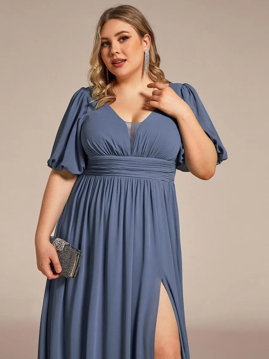 Velma | Plus Size V-Neck Front Slit Chiffon Evening Dress