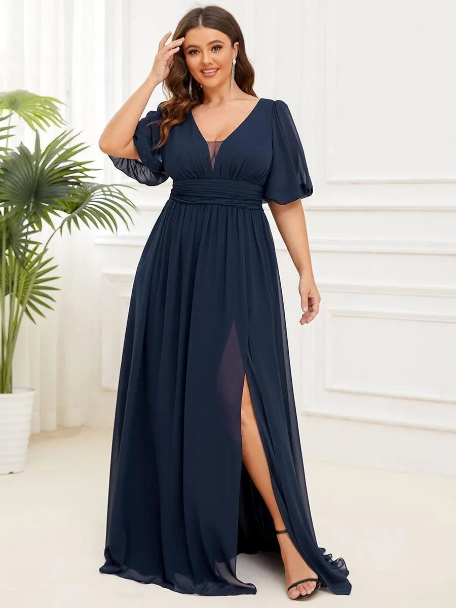 Velma | Plus Size V-Neck Front Slit Chiffon Evening Dress