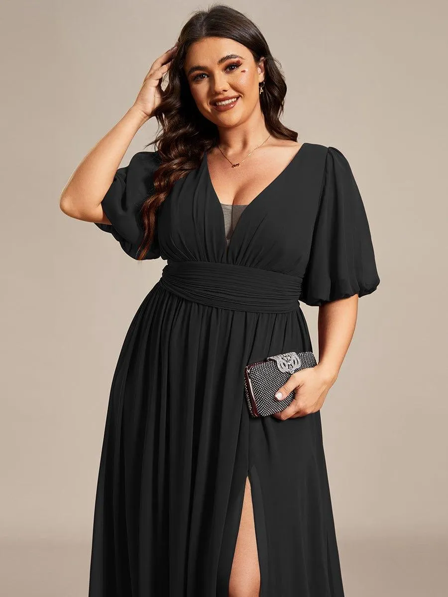 Velma | Plus Size V-Neck Front Slit Chiffon Evening Dress