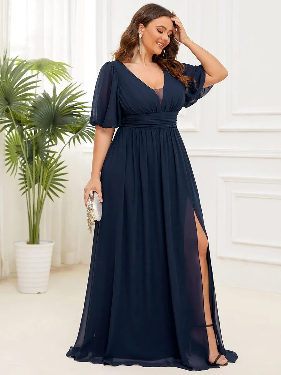 Velma | Plus Size V-Neck Front Slit Chiffon Evening Dress