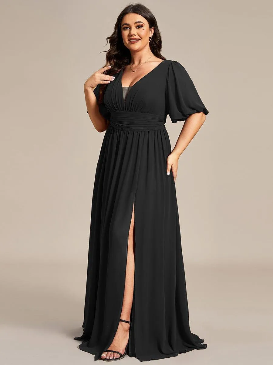 Velma | Plus Size V-Neck Front Slit Chiffon Evening Dress