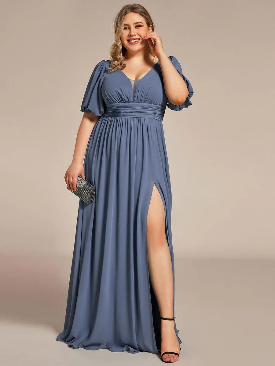 Velma | Plus Size V-Neck Front Slit Chiffon Evening Dress