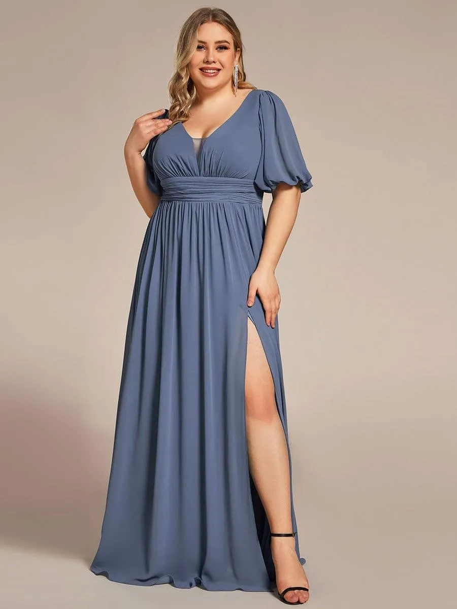 Velma | Plus Size V-Neck Front Slit Chiffon Evening Dress