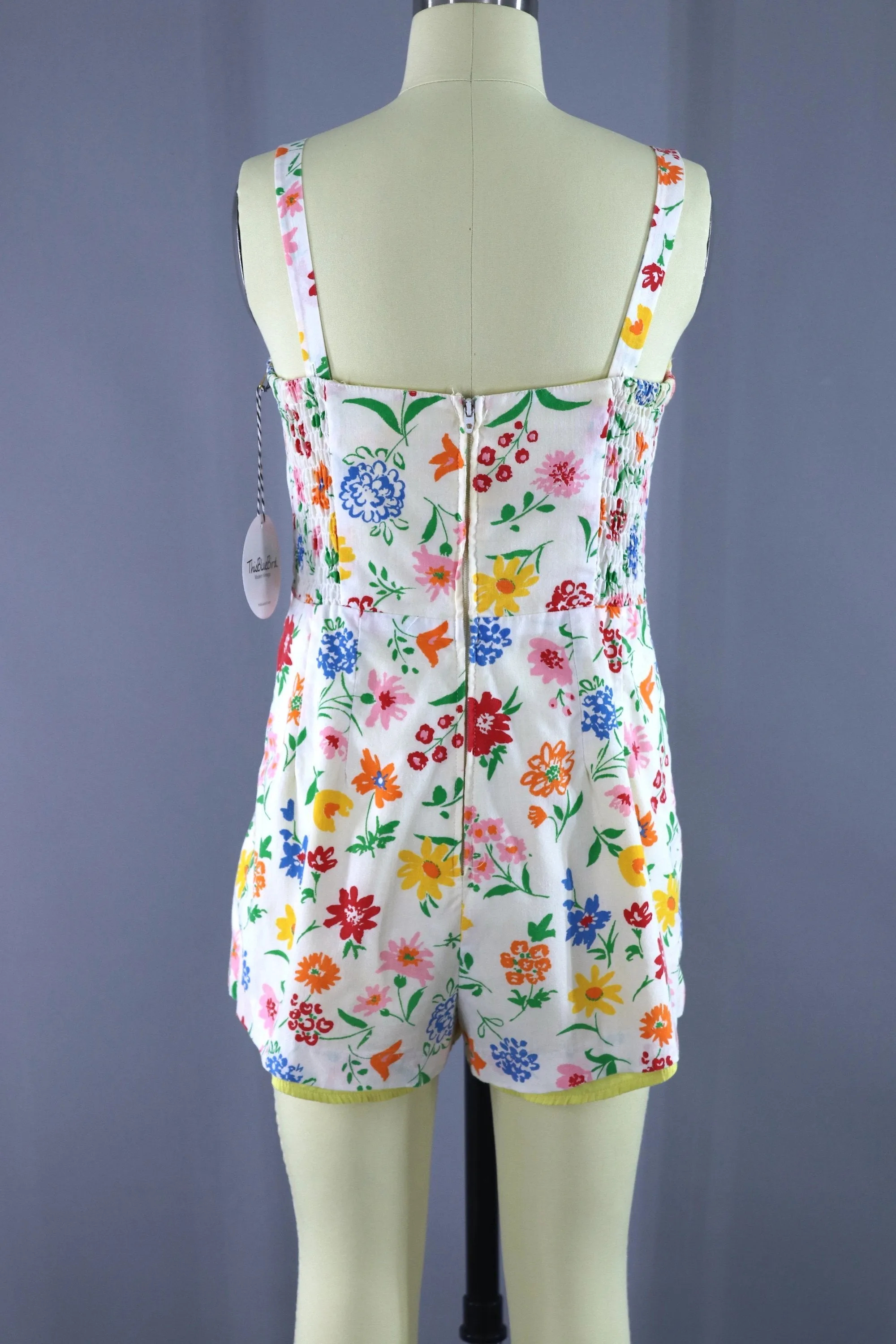 Vintage 1980s Romper Playsuit / White Floral Print Swimsuit