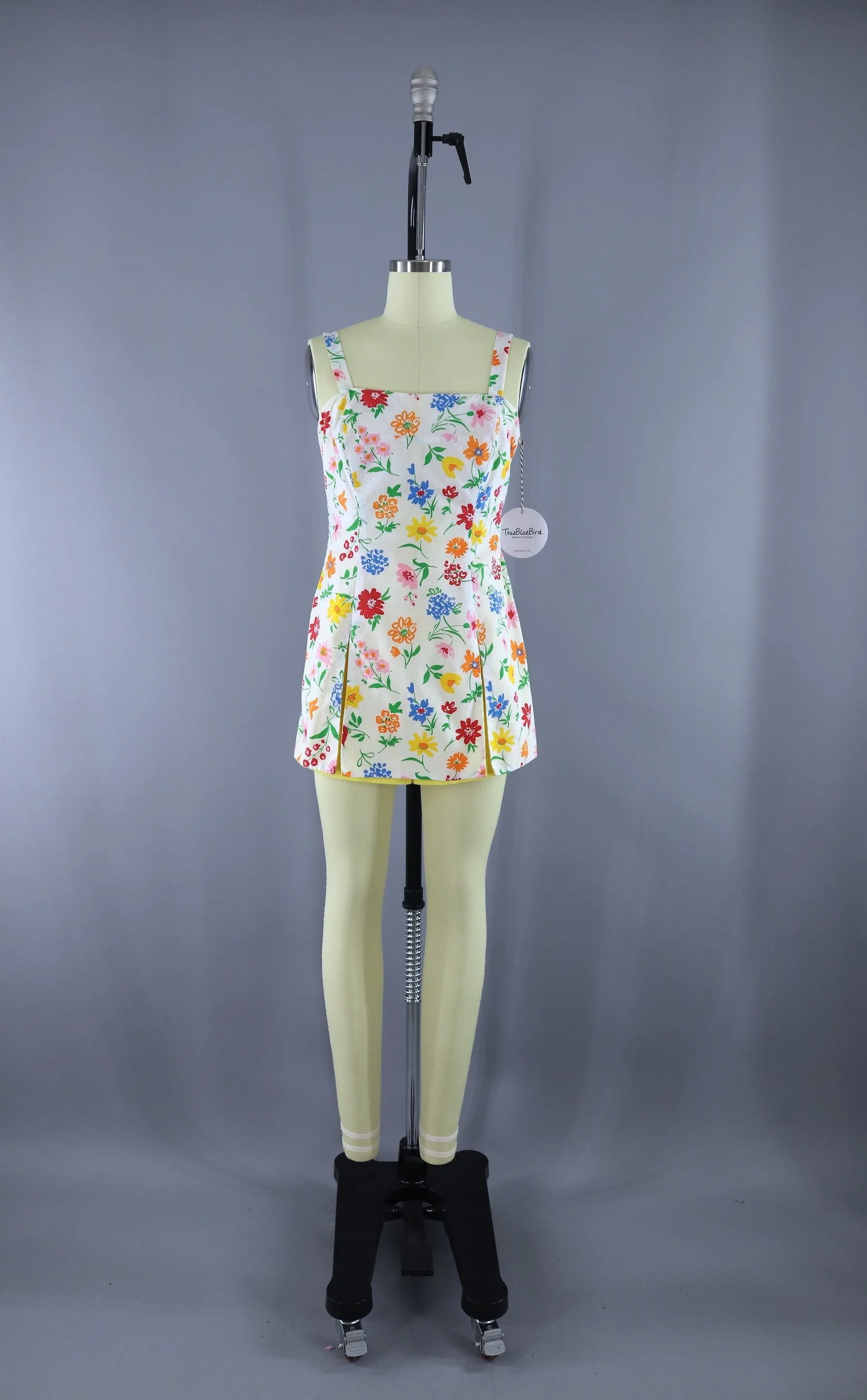 Vintage 1980s Romper Playsuit / White Floral Print Swimsuit